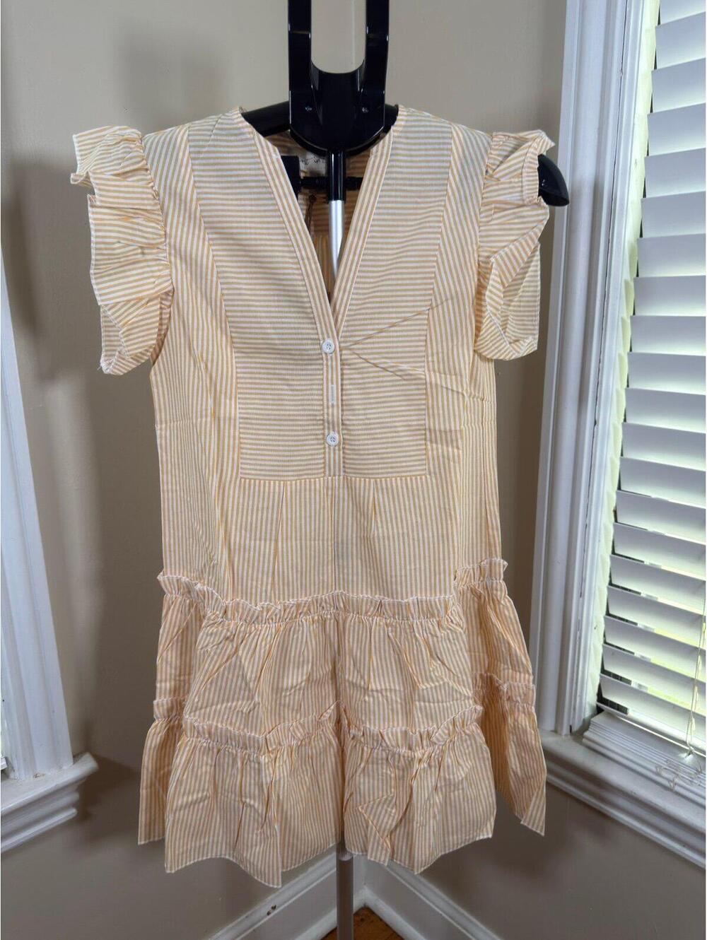 Lost in Lunar Tia Tunic Dress Women’s XS Yellow Stripe Ruffle Mini NWT